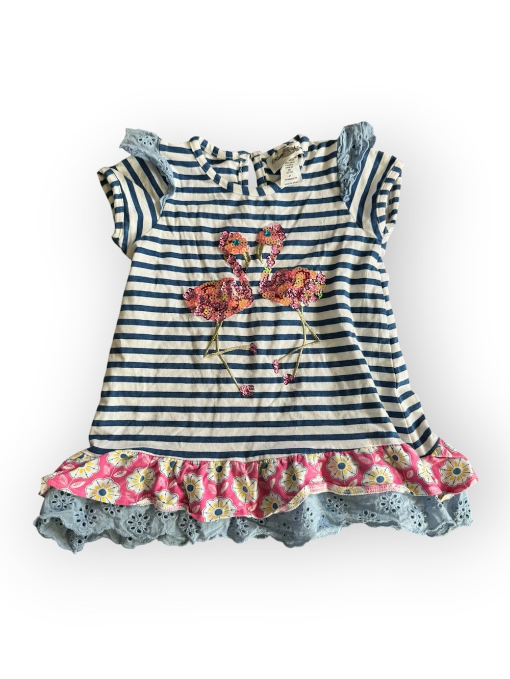 Rare Editions Striped Blue & White Girls Top with Pink Floral Flamingos